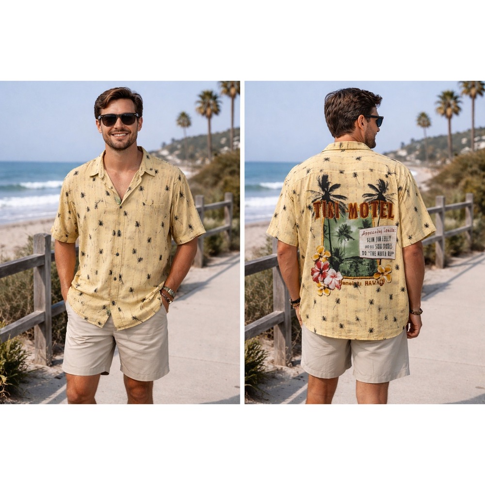 Hawaii Tiki Motel Honolulu Rayon Palm Trees‎ Relaxed Yellow Rayon Men's XL Shirt